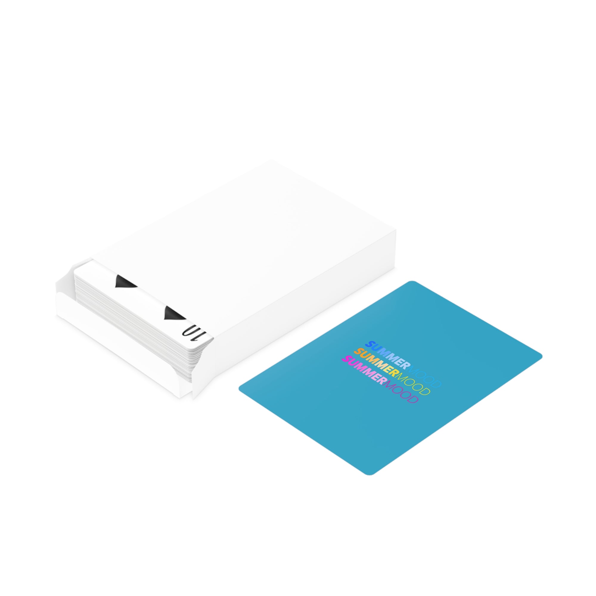 blue printed brand cards, fanned out in hand, each with a different SUMMERMOOD design.