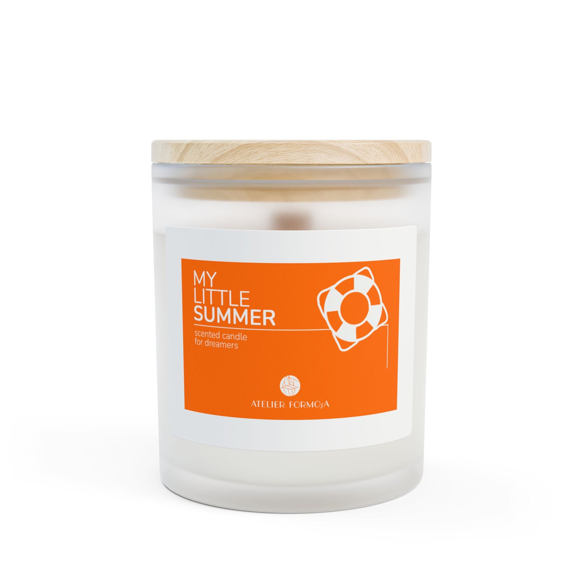 My Little Summer” candle in frosted glass jar with orange label and wooden lid