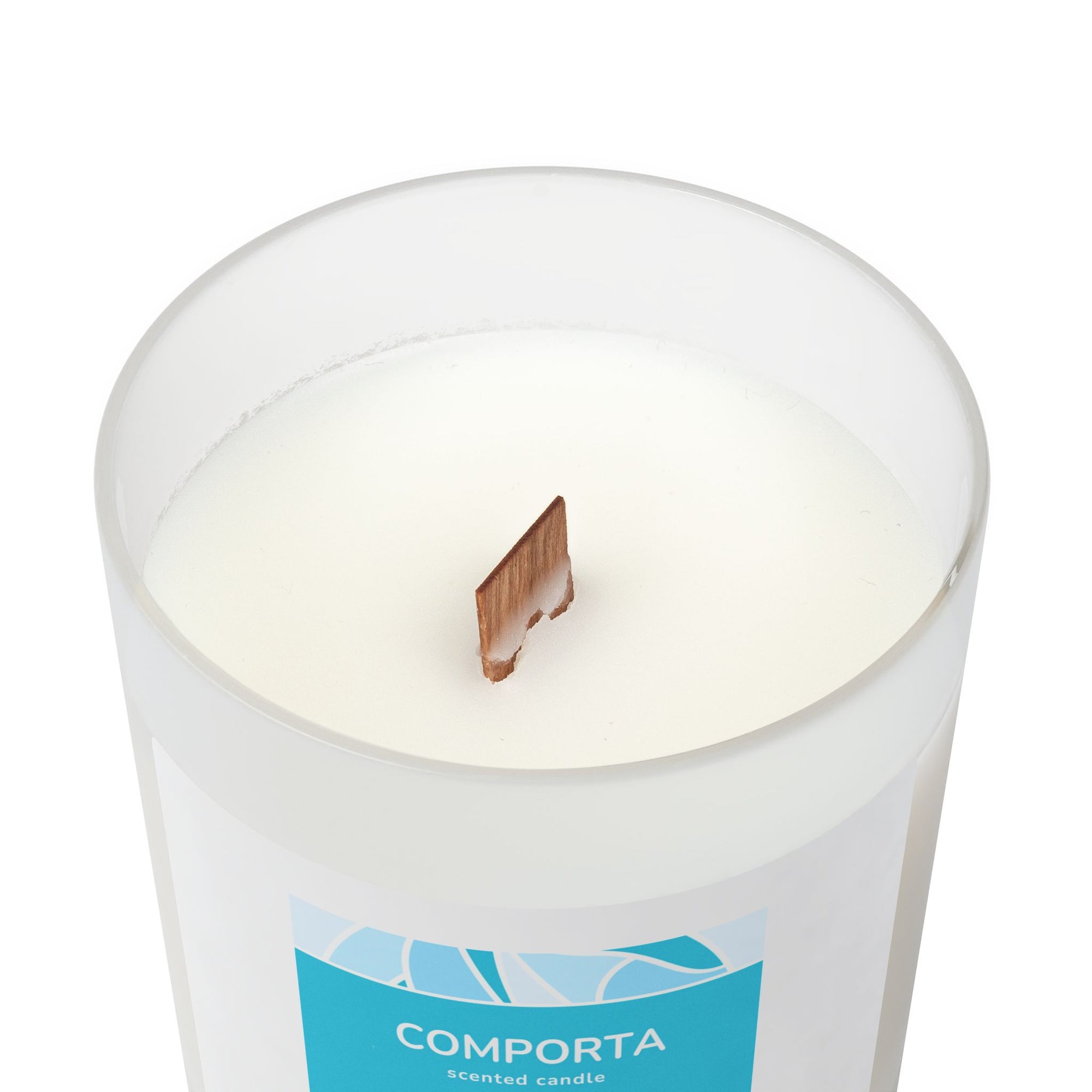 Zoom COMPORTA scented candle with aqua blue label and frosted glass, summer edition.