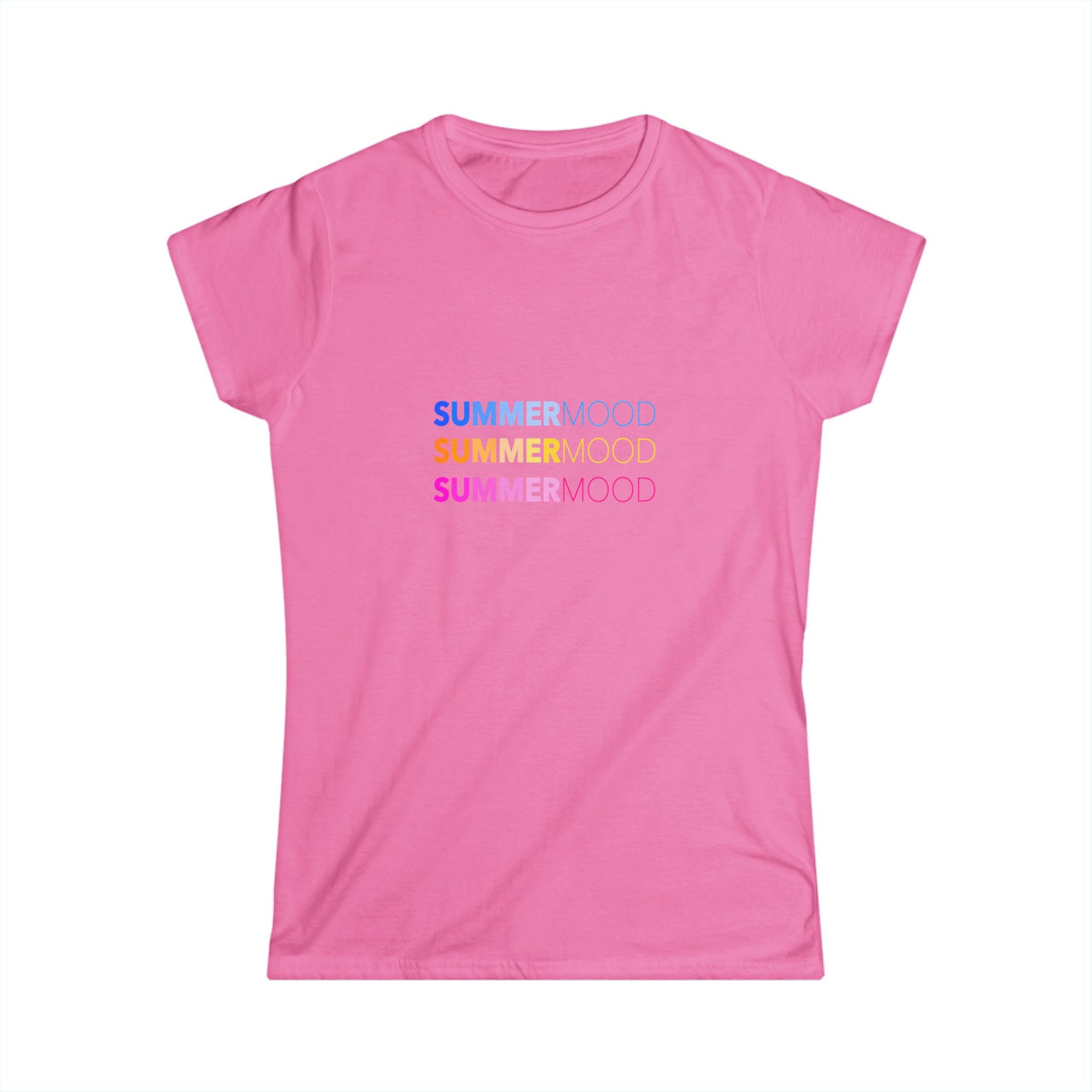 Pink t-shirt with triple “SUMMERMOOD” text printed in blue, orange and pink gradients on the front.