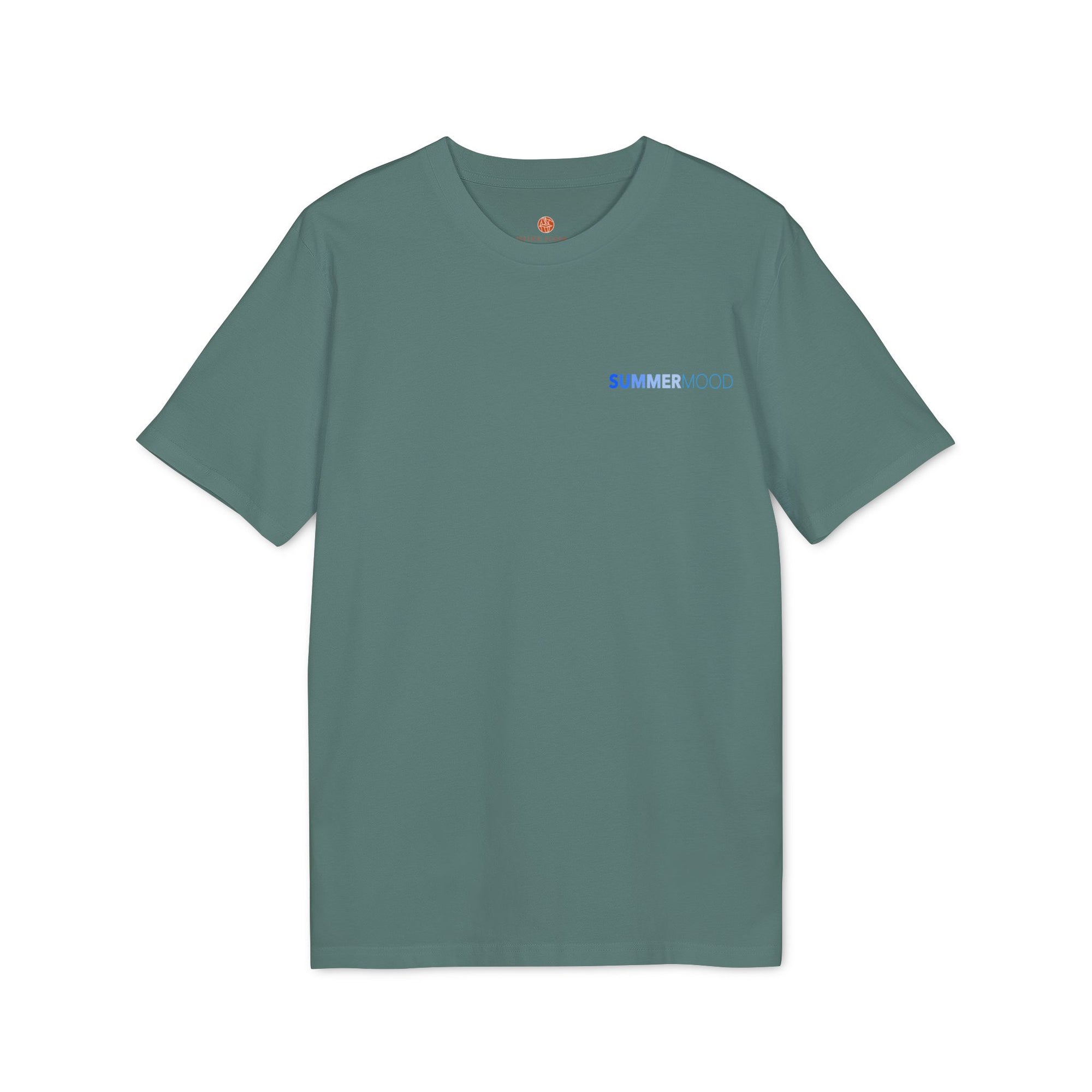 Green crew neck t-shirt with SUMMERMOOD logo in blue and purple, worn on a sunny beach