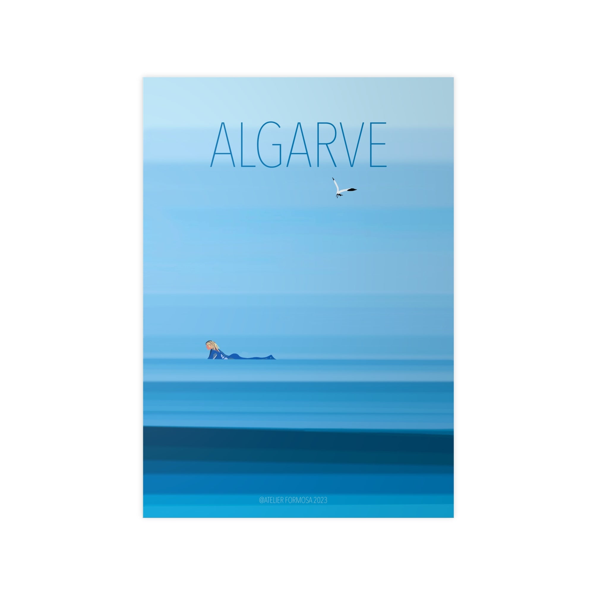 hand painted blue poster surfing under the sun by Atelier Formosa