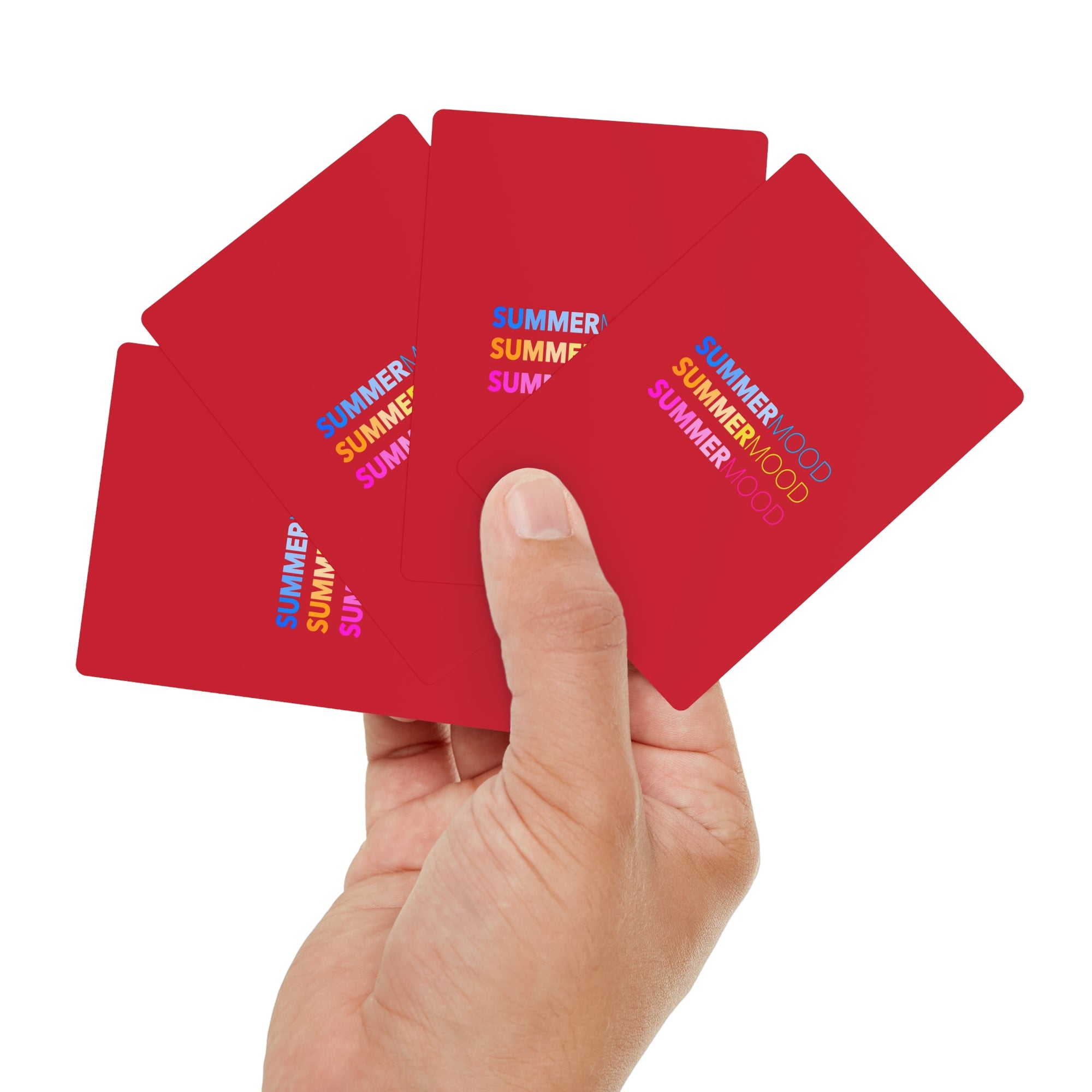 Vibrant red brand cards with multicolor SUMMERMOOD text, ideal for packaging, gifting or display the winner takes it all with our playing cards