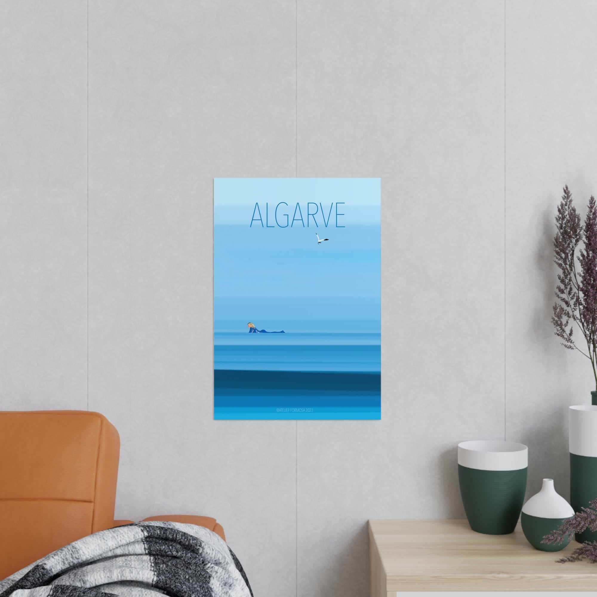 Blue Poster Surfing the waves of Algarve sea in Portugal
