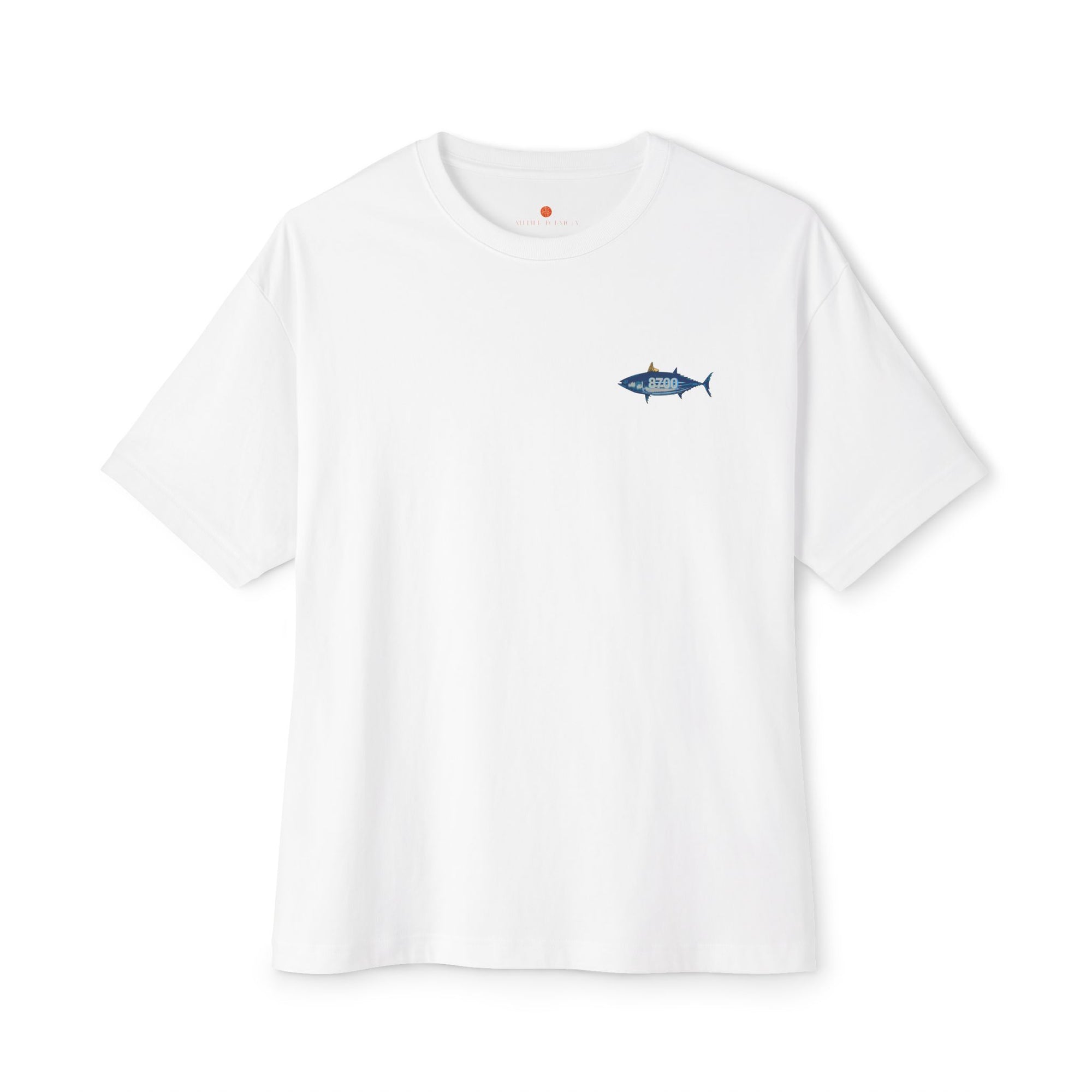 White round-neck t-shirt with small blue fish logo on the chest, laid flat on a white background