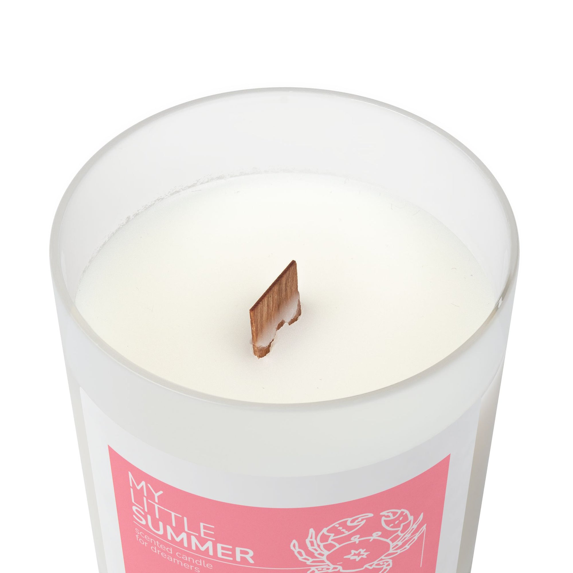 Pink My Little Summer candle with crab illustration and wooden lid by Atelier Formosa