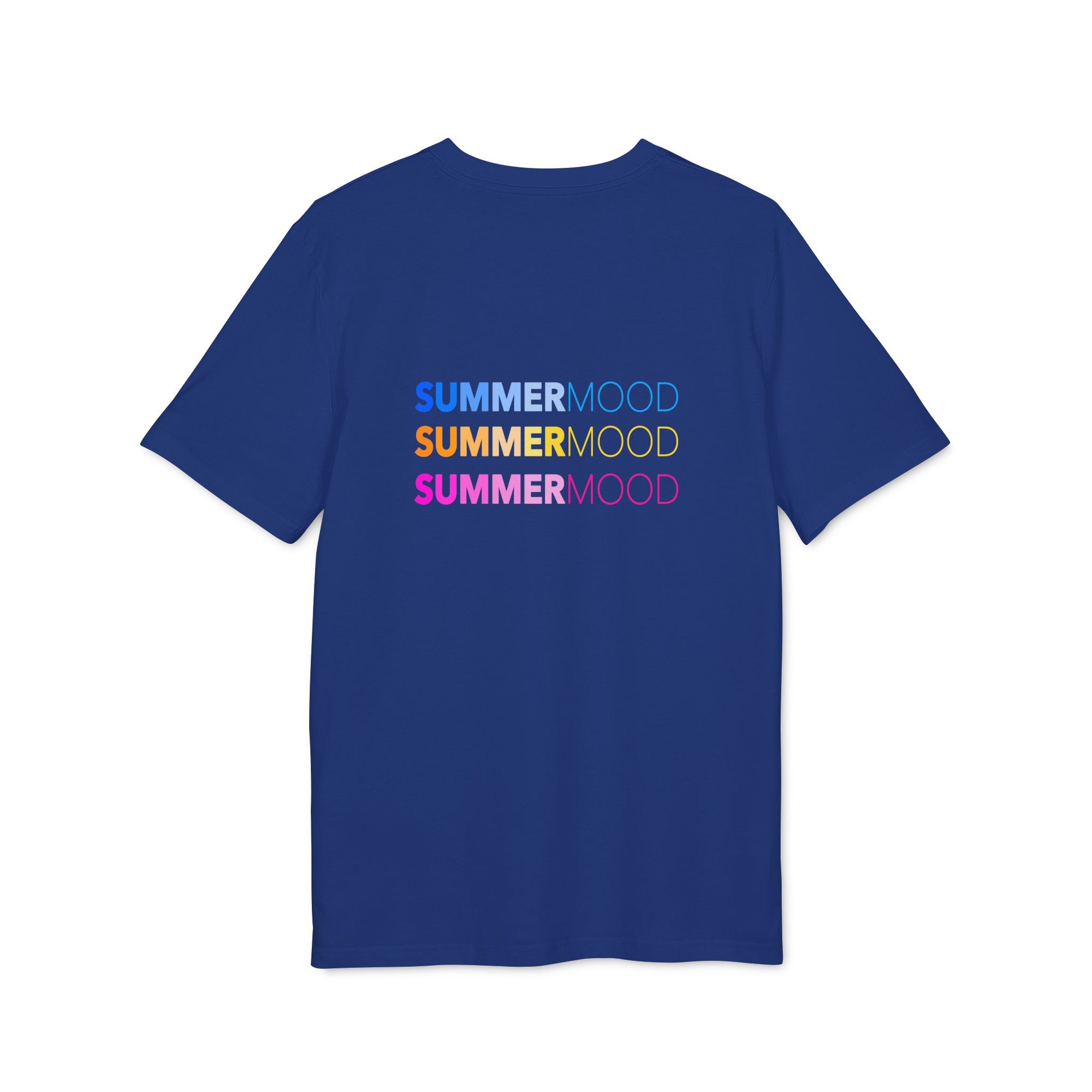 Blue crew neck t-shirt with SUMMERMOOD logo in blue and purple, worn on a sunny beach