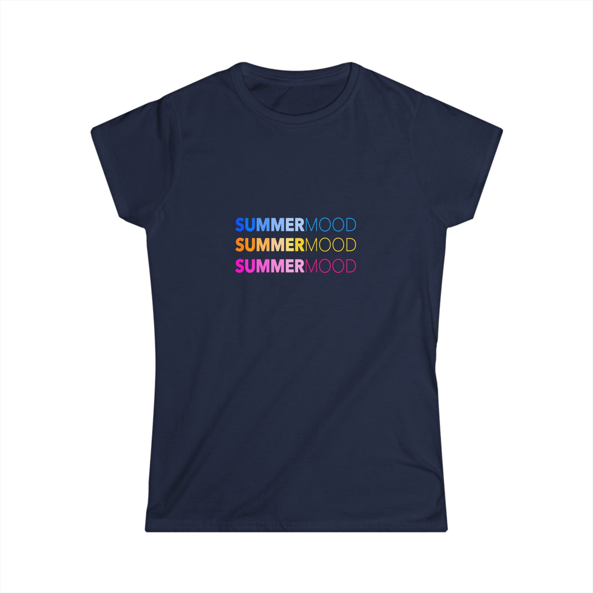 Blue t-shirt with triple “SUMMERMOOD” text printed in blue, orange and pink gradients on the front.
