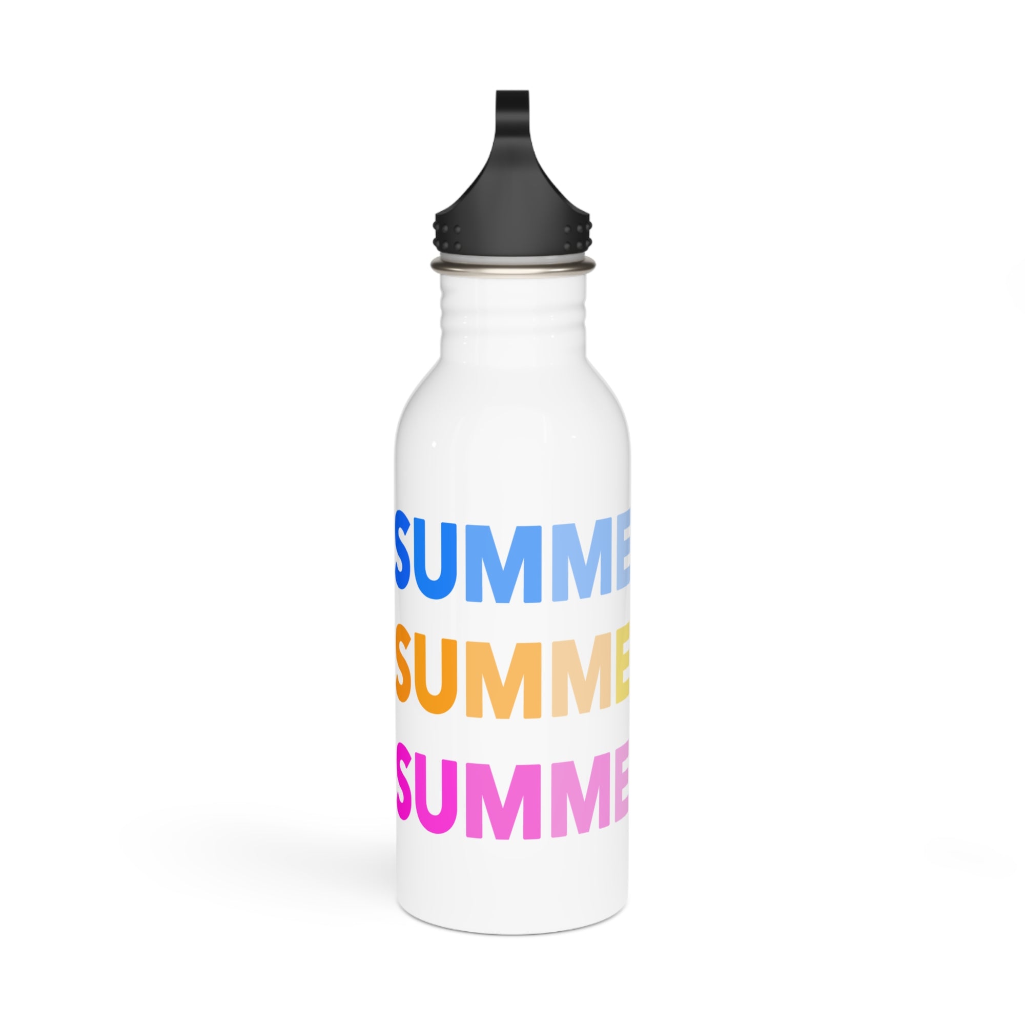 White reusable water bottle with colorful “SUMMER” text in blue, yellow, and pink, black handle cap on top