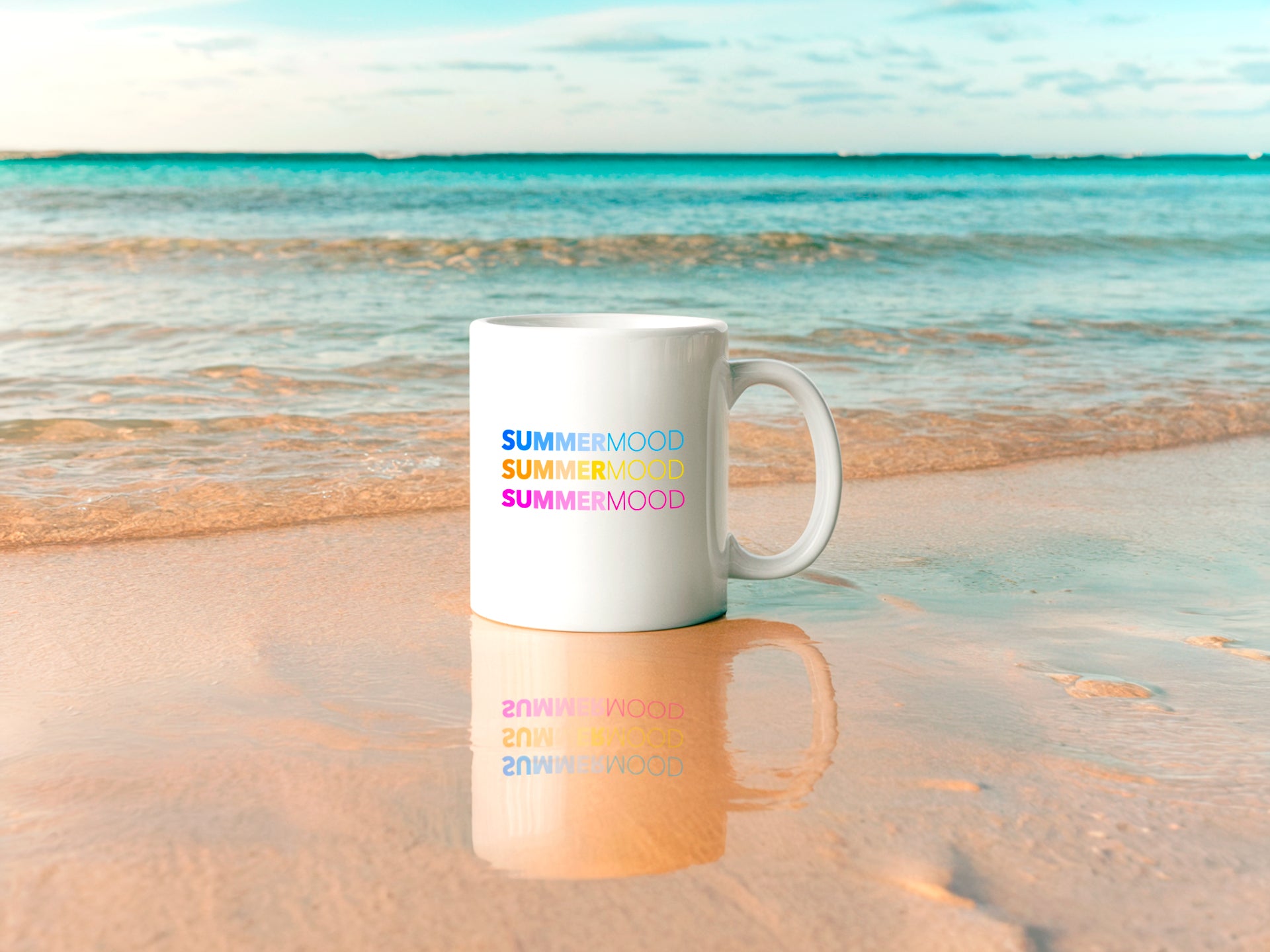 A colorful mug soaking up the sun, the perfect companion for coffee with ocean views