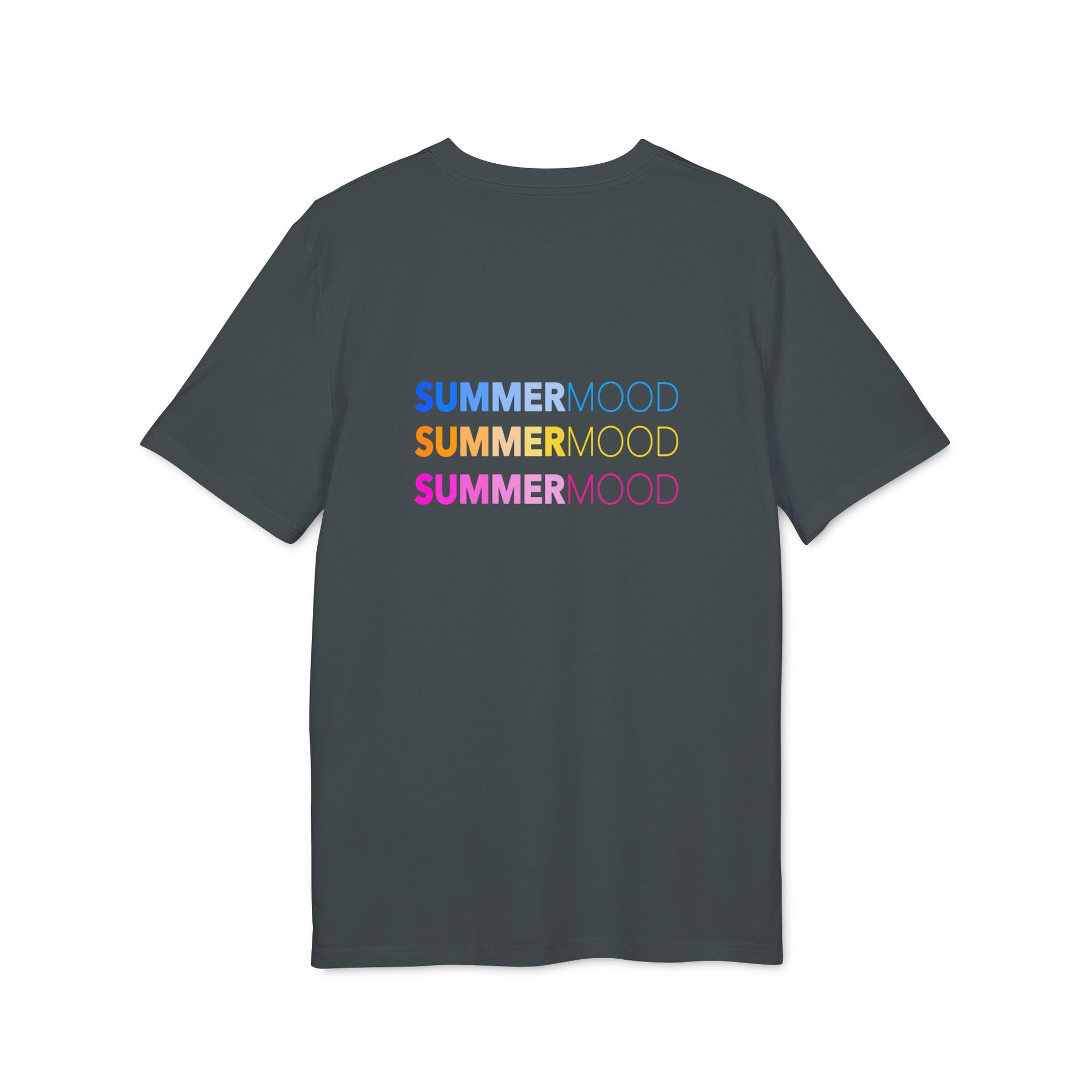 Black crew neck t-shirt with SUMMERMOOD logo in blue and purple, sunny yellow and pink  worn on a sunny beach