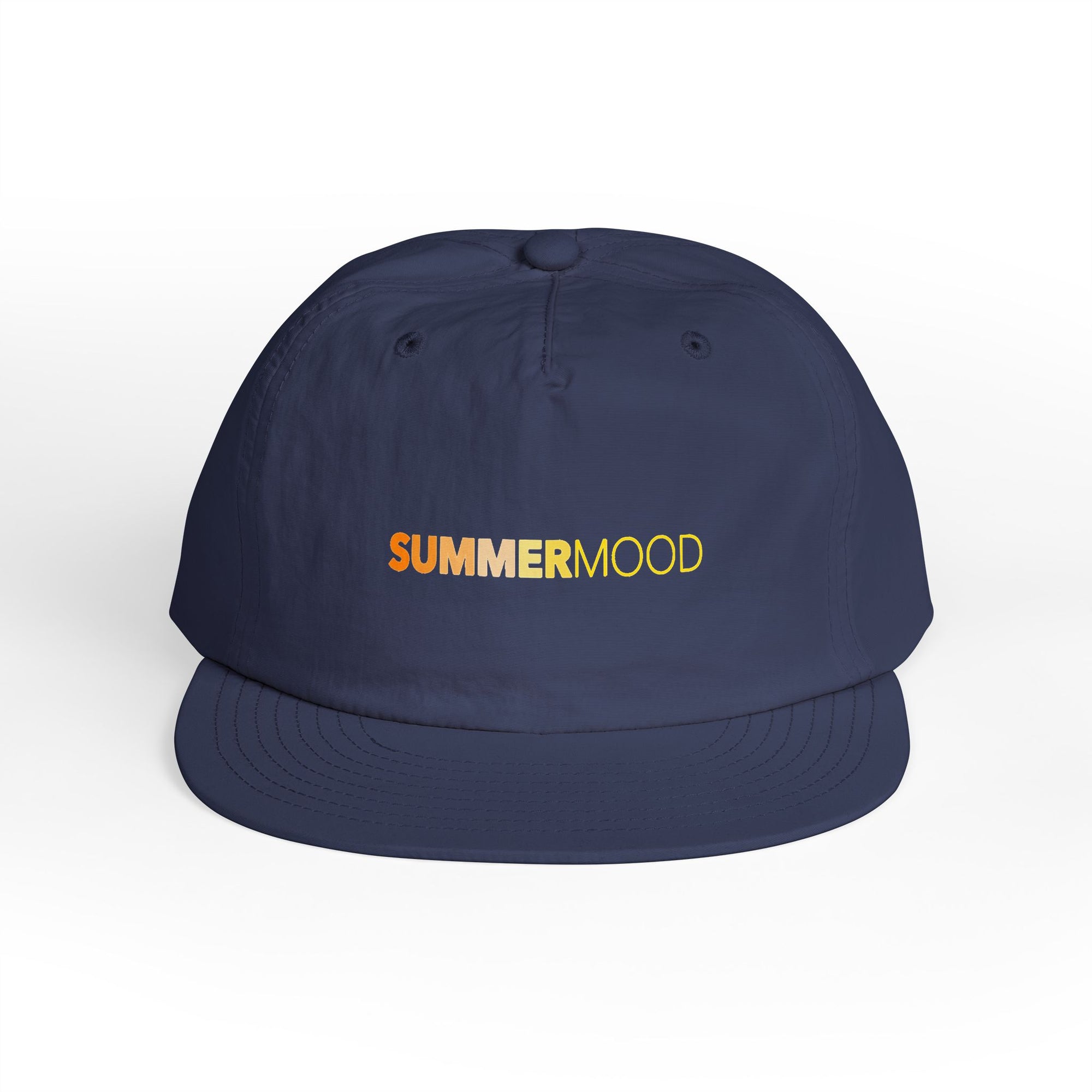 Blue baseball cap with multicolored “SUMMERMOOD” embroidery on the front, displayed on a white background
