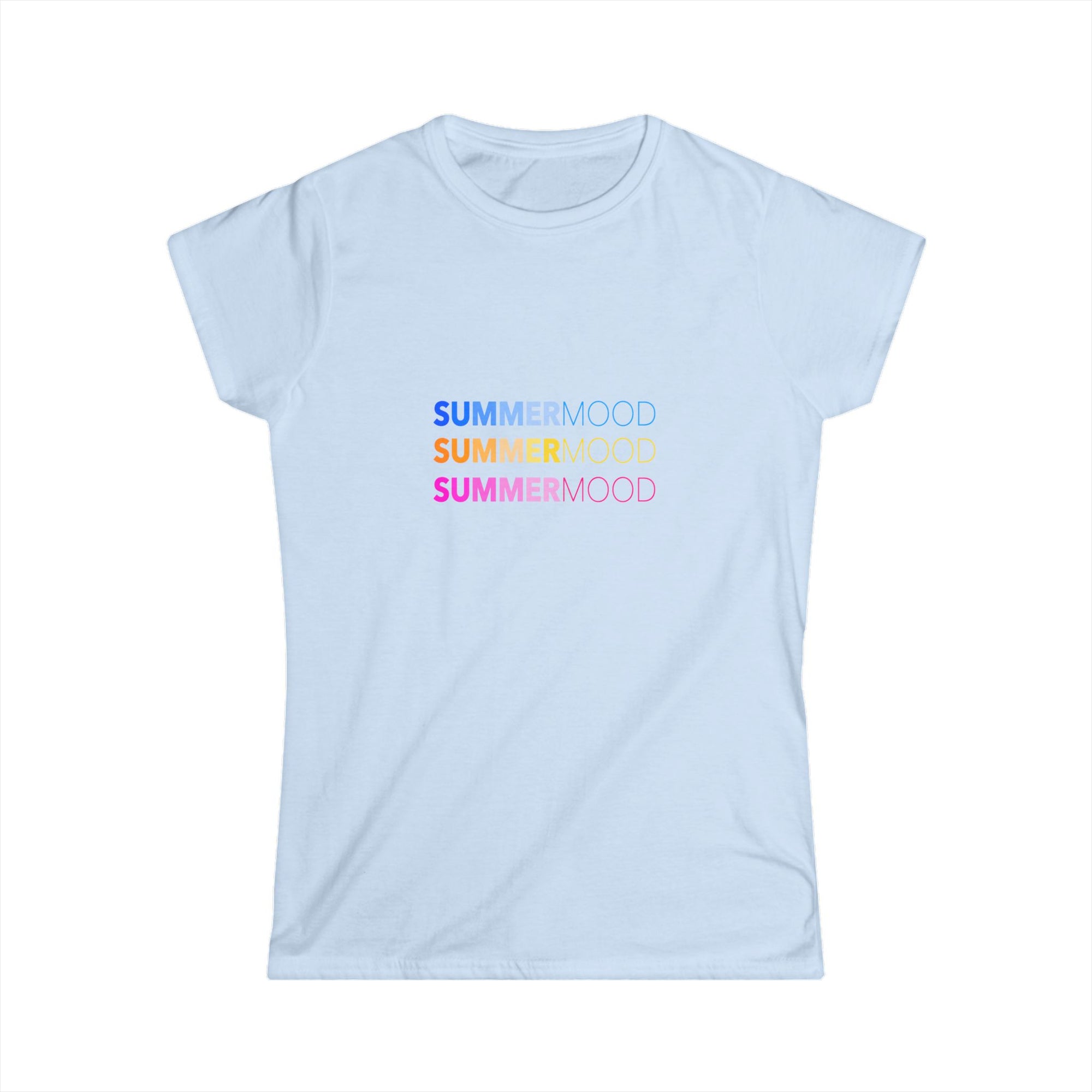 Light blue t-shirt radiating beachy vibes with playful “SUMMERMOOD” typography in fun summer colors