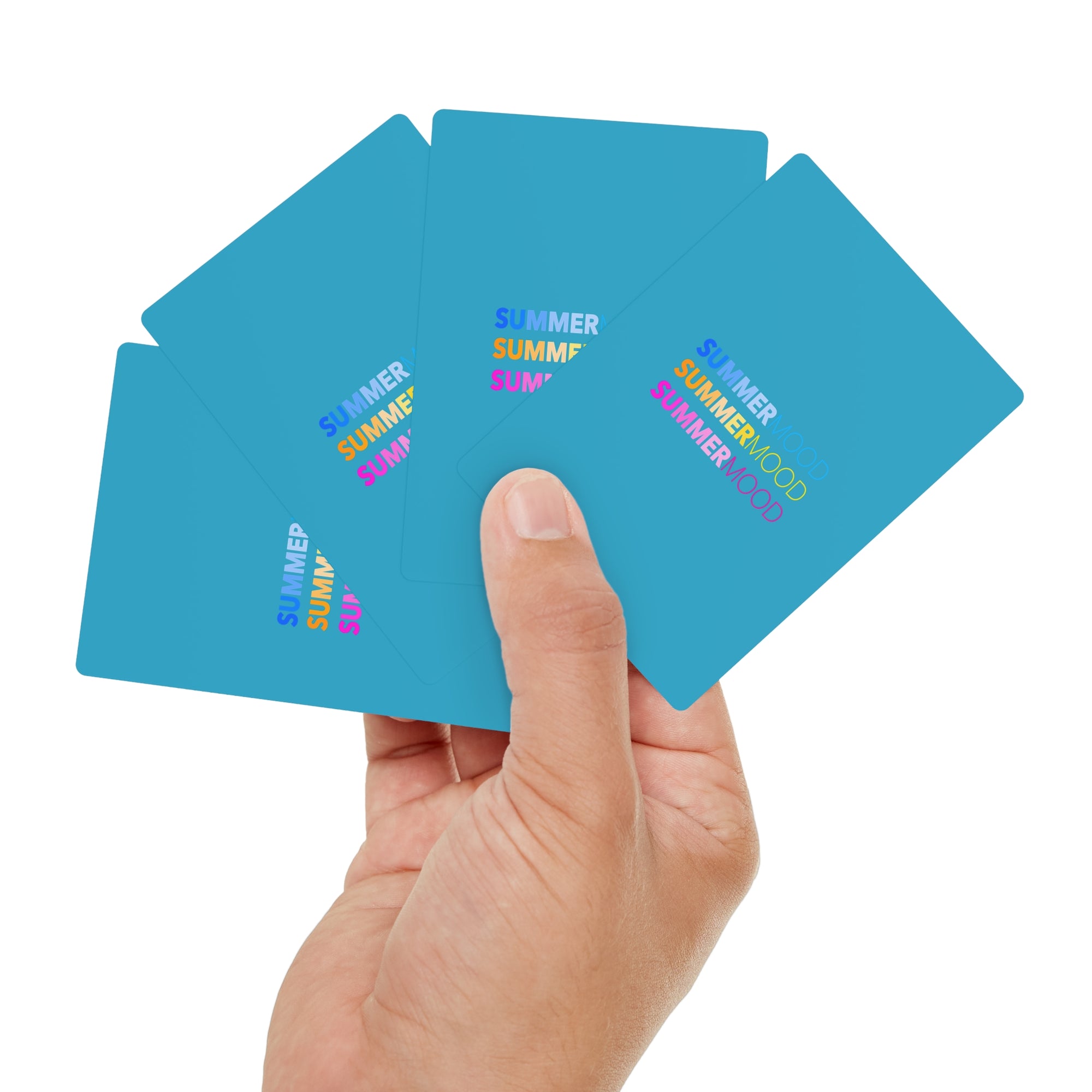 Hand holding a fan of bright blue cards featuring colorful SUMMERMOOD logos in playful typography