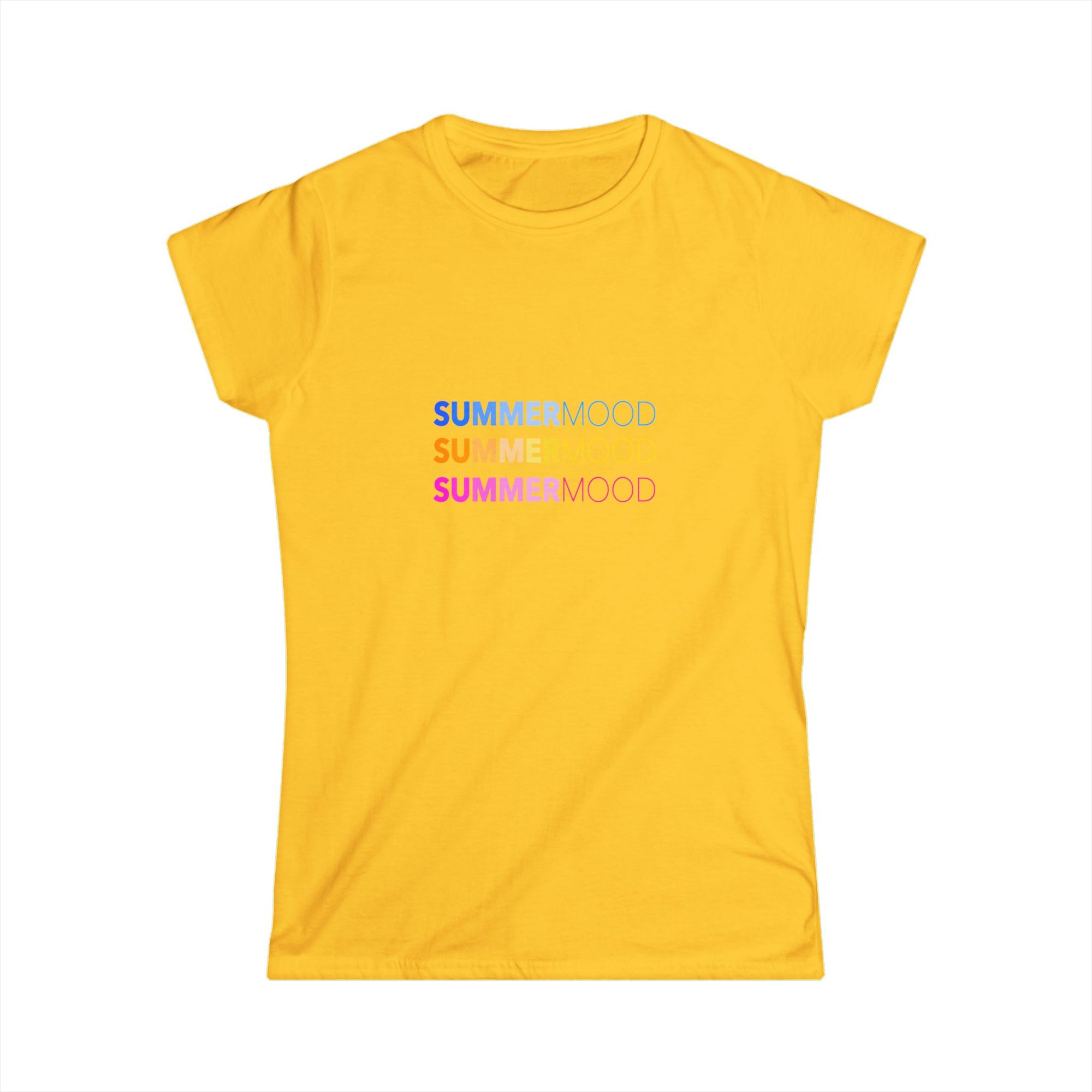 Yellow t-shirt with triple “SUMMERMOOD” text printed in blue, orange and pink gradients on the front.
