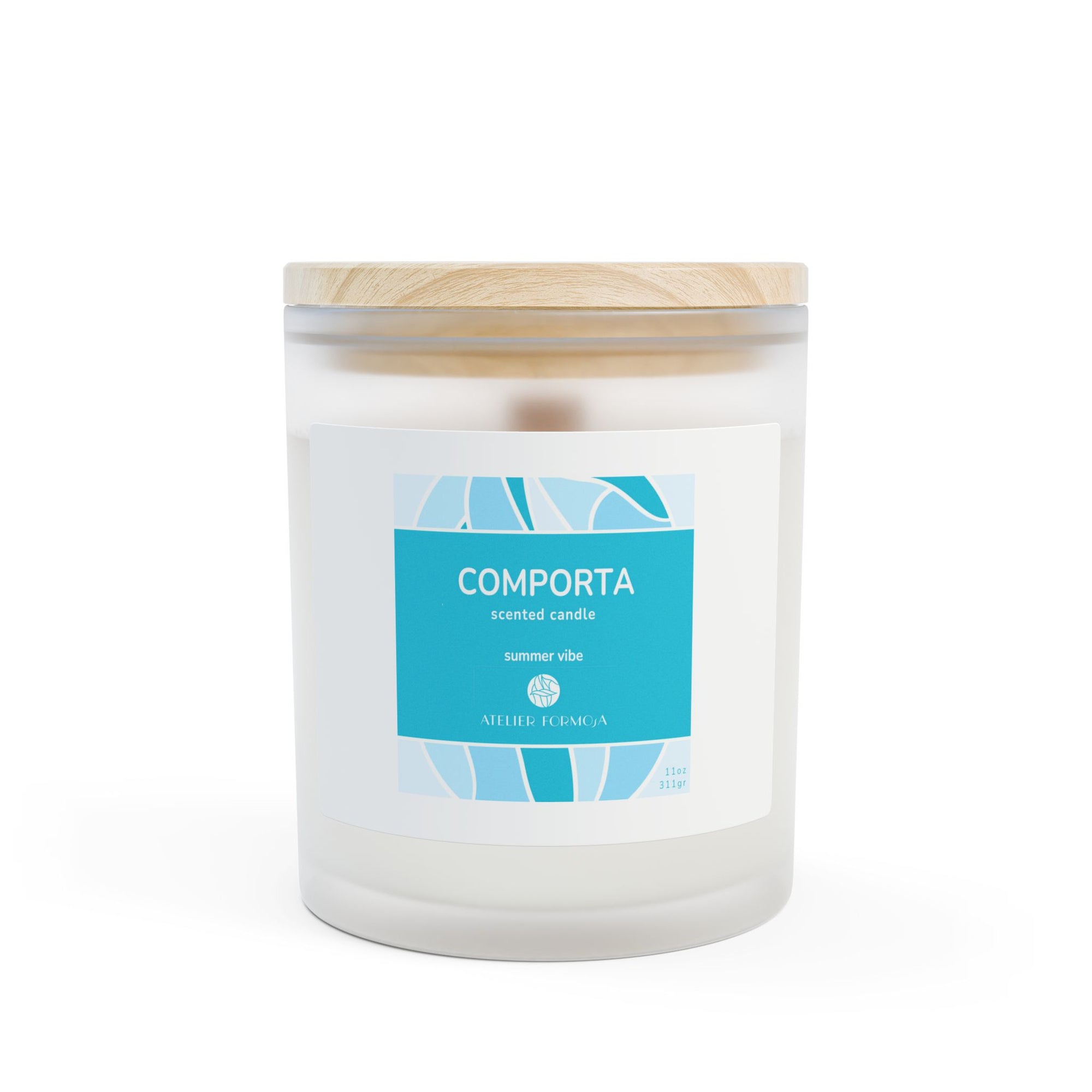 COMPORTA scented candle with aqua blue label and frosted glass, summer edition.