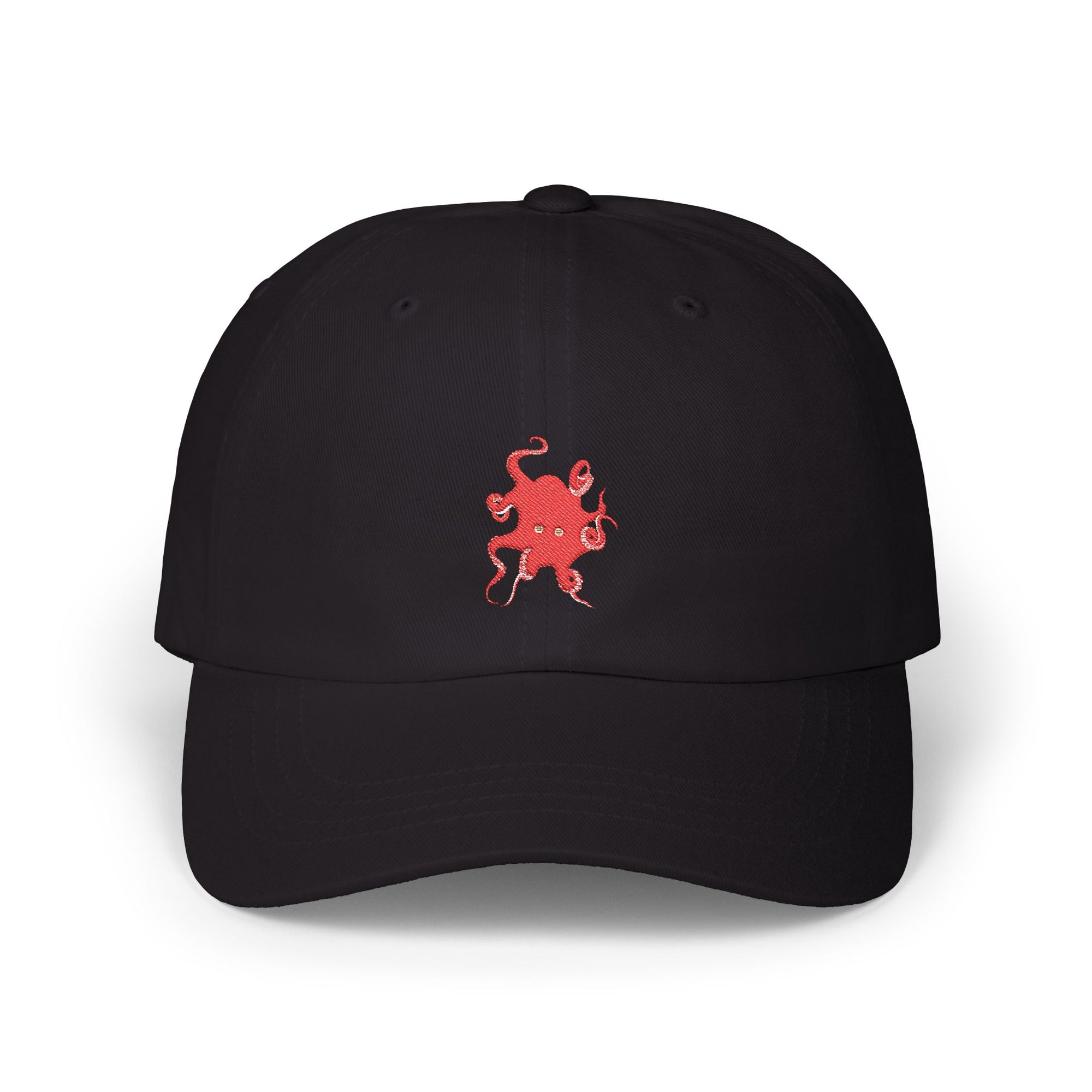 Black cap embroidered with red octopus – the official partner of the sun